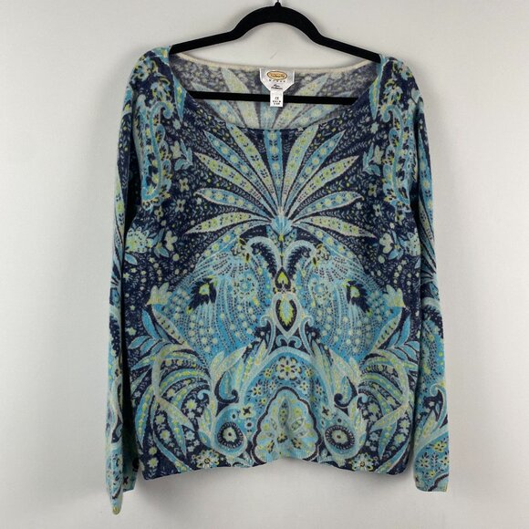 Talbots Pure Cashmere Sweater Size 2X Blue Green Floral Paisley Pullover - Picture 1 of 10